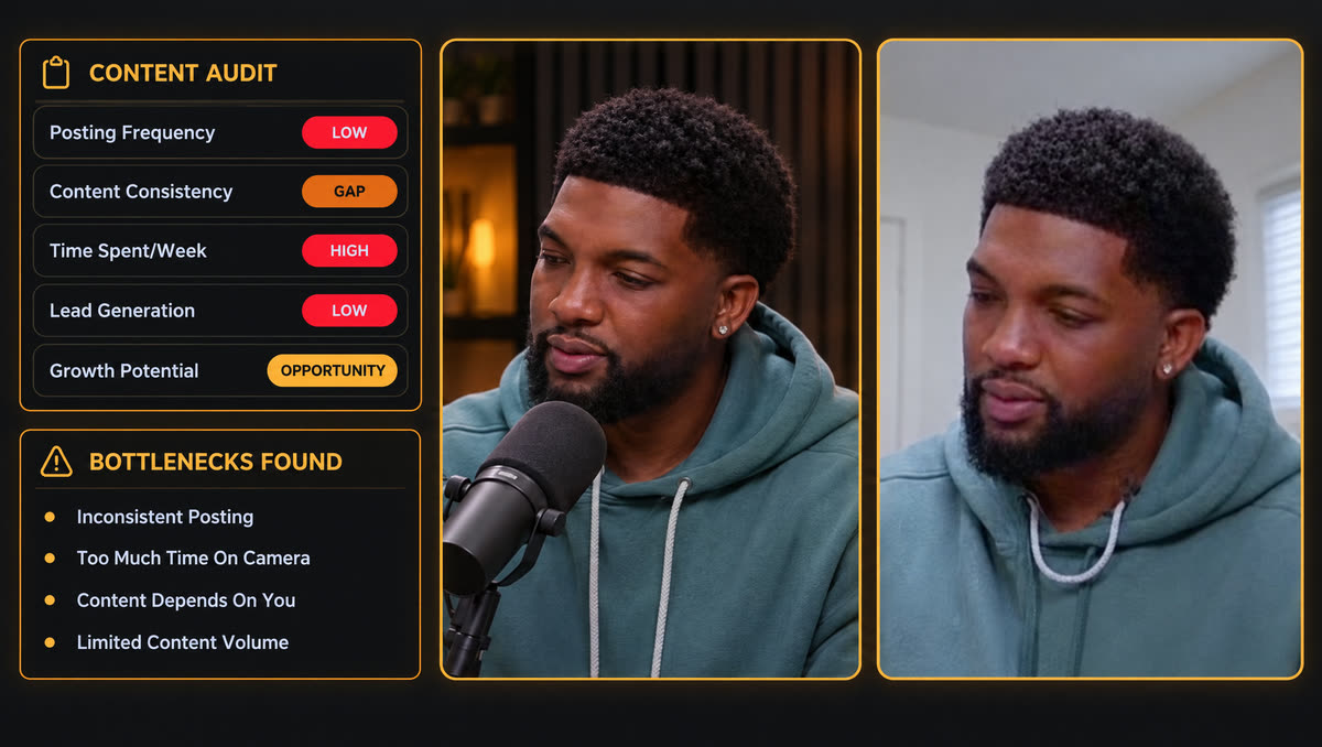 Example content audit: posting frequency low, content consistency gap, time spent per week high, lead generation low, growth potential an opportunity, shown beside a podcast shot and a webcam shot of Josh