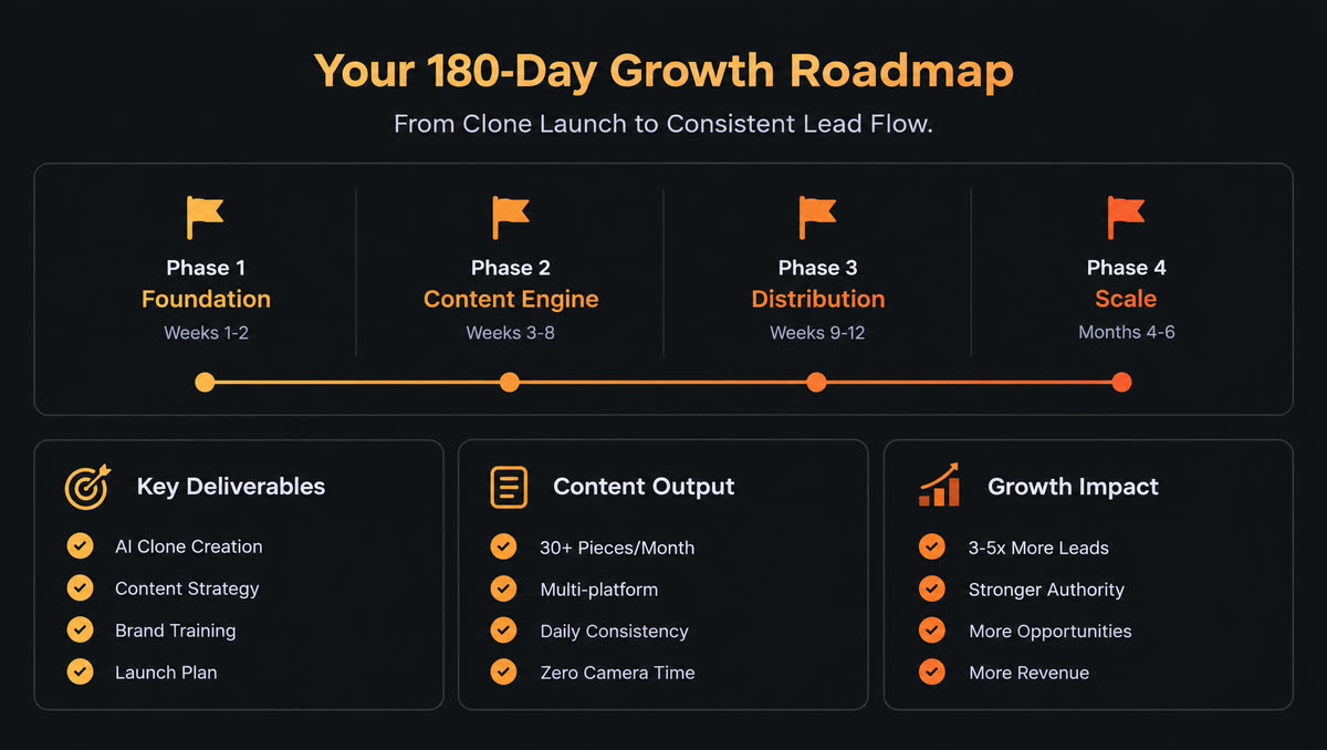 Example 180-day growth roadmap: phase one foundation weeks 1-2, phase two content engine weeks 3-8, phase three distribution weeks 9-12, phase four scale months 4-6, with key deliverables, content output and growth impact