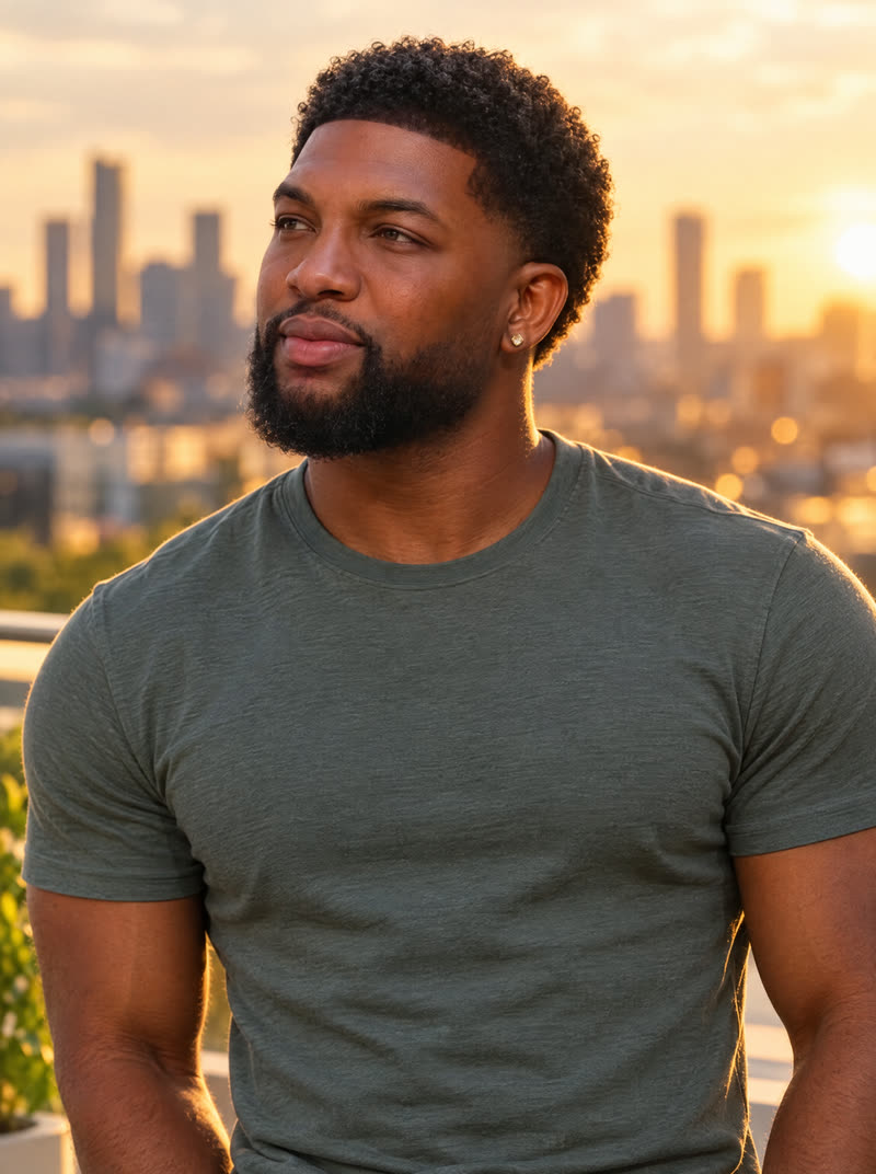 Josh on a rooftop at golden hour, chin lifted, generated from one reference photo