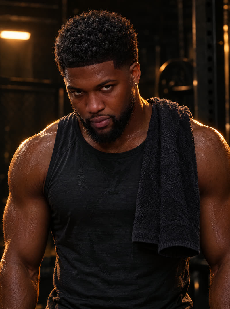 Josh in a low-lit gym, looking up into the lens, generated from one reference photo