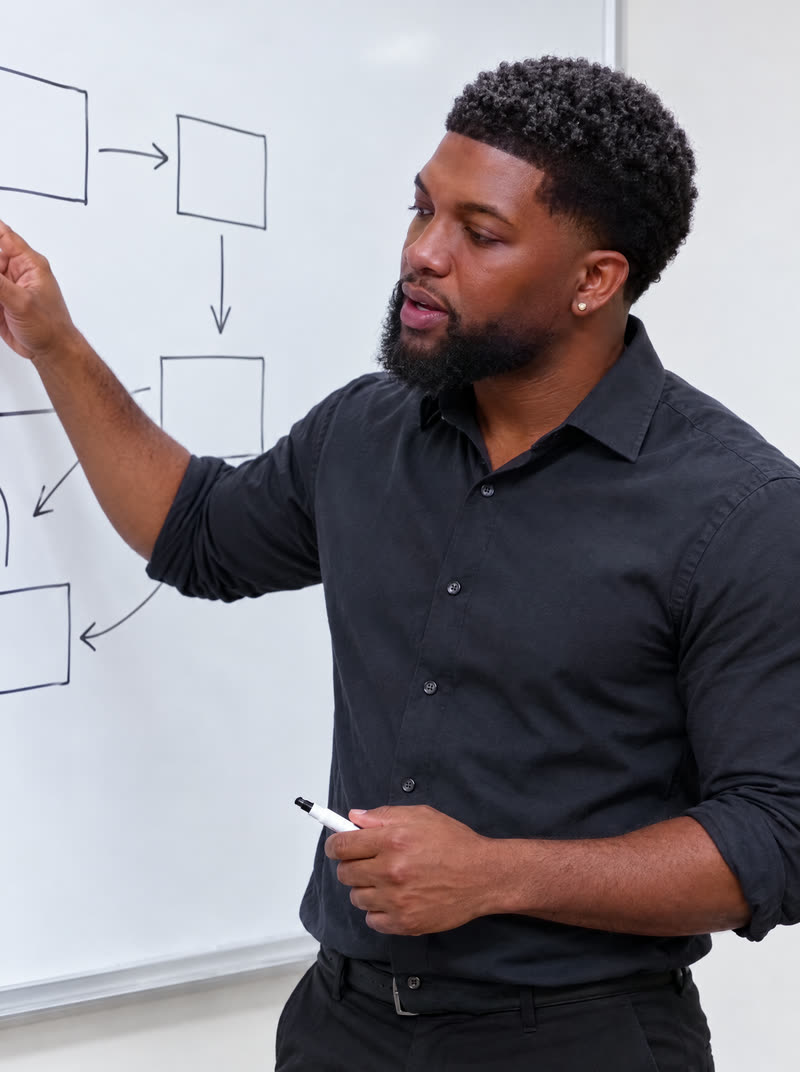 Josh in profile teaching at a whiteboard, generated from one reference photo